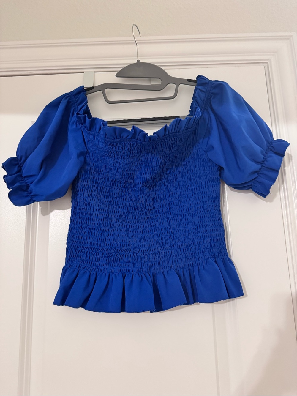 Smocked Puff Sleeve Off-Shoulder Top in Royal Blue